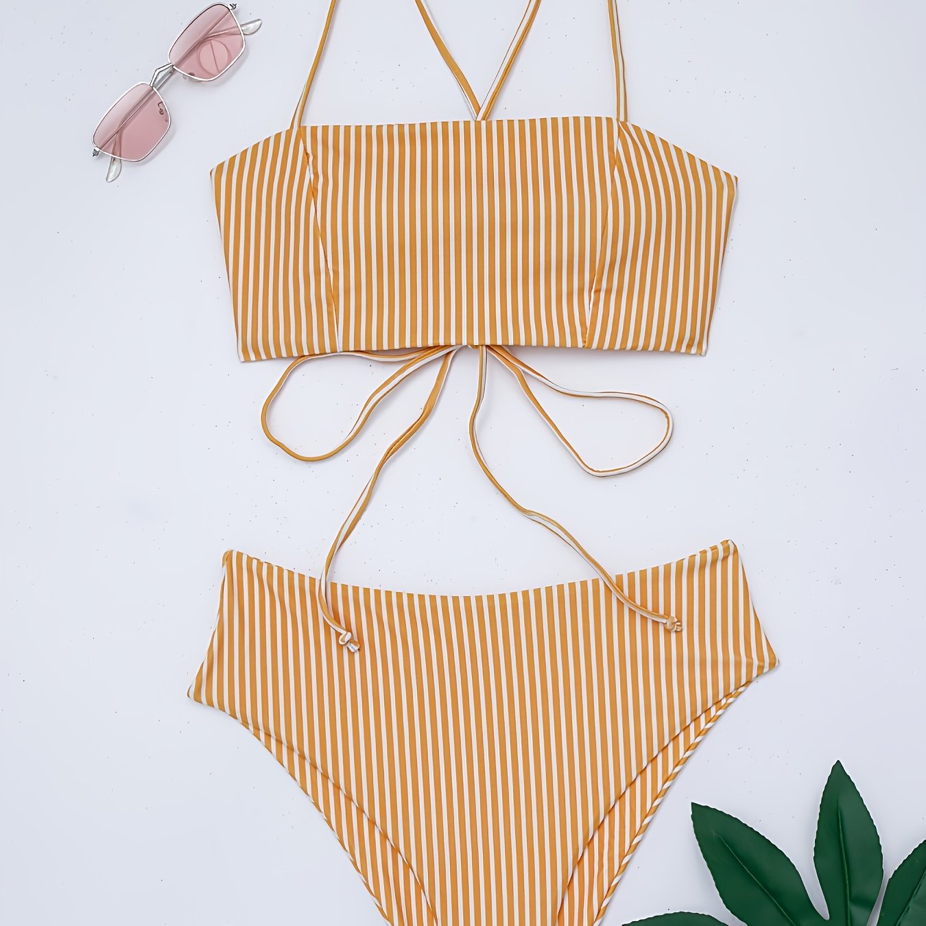 Two Piece High Cut Yellow & White Striped High Waist Bikini Swimsuit - Off the Shoulder, Cross Strap, High Stretch, Random Print - Polyester and Spandex Blend, Sleeveless, Conventional Bottom, Perfect for Swimming