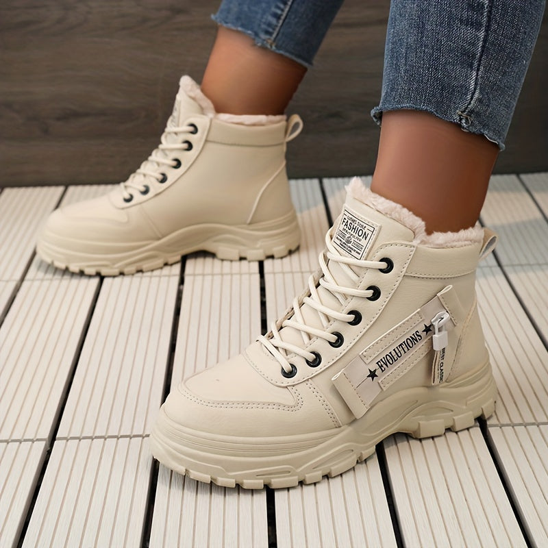 Women's Casual High Top Shoes, Winter Plush Lined Warm Shoes, Thick Soled Lace-up Sports Shoes plus size