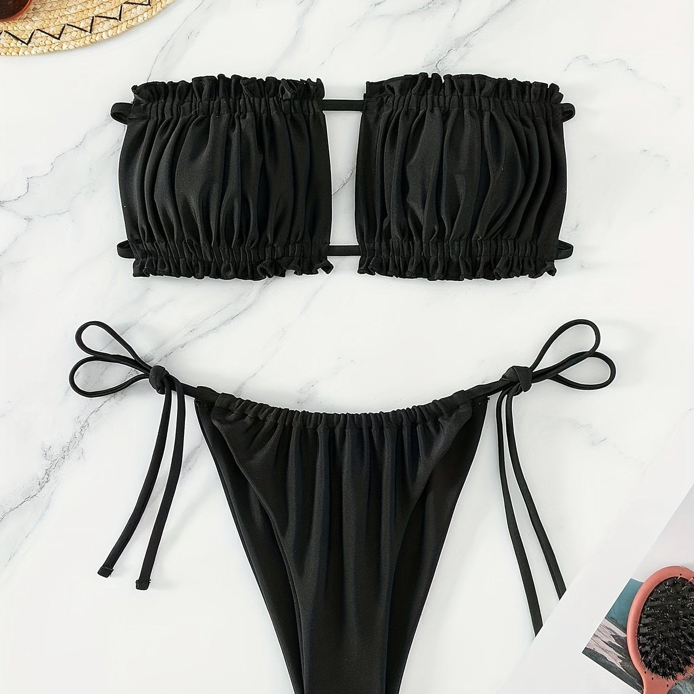 Chic Adjustable Ruched Bra Top Bikini Set - Secure Double Drawstring Bandeau with Trendy Tie Side - Ultra-Flattering High Cut Two-Piece Swimsuit for Women