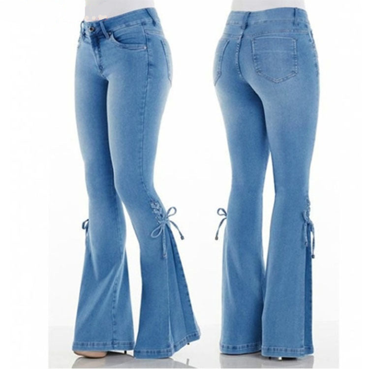 Lace Up Side Bell-Bottom Jeans, Stretchy Mid-Rise Boot Cut Flared Leg Jeans, Women's Denim Jeans, Women's Clothing