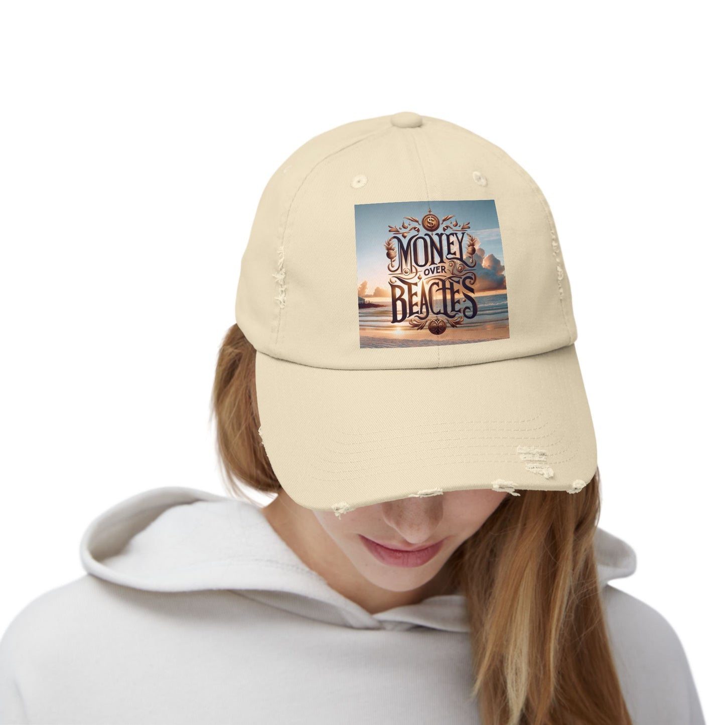 Money Over Beaches Distressed Cap - Perfect for Beach Lovers, Casual Outings, Summer Vacations, Vacation Gifts, Trendy Accessories