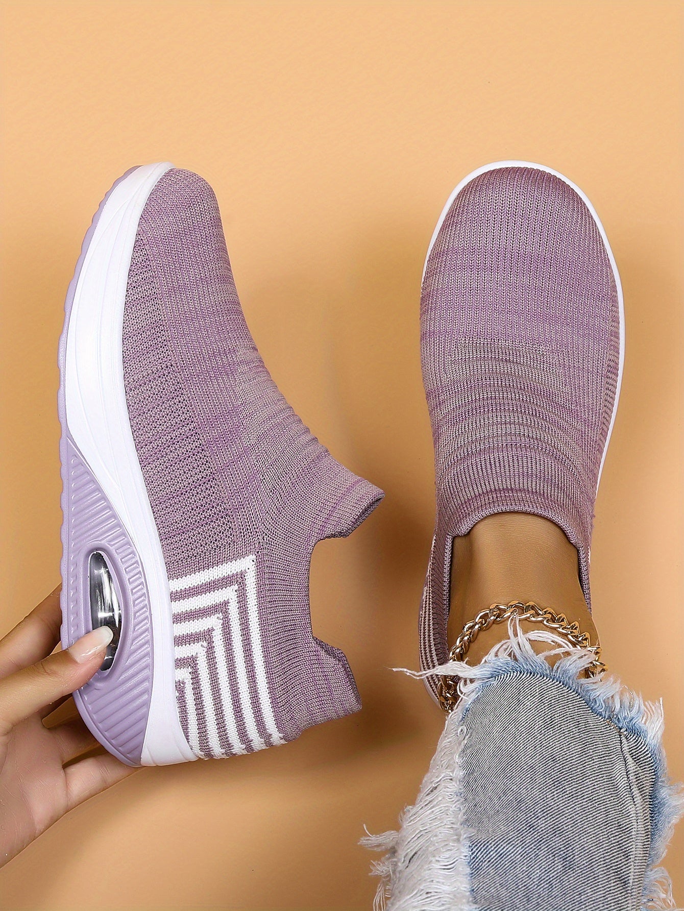 Women's Air Cushion Sneakers, Breathable Round Closed Toe Low Top Slip On Shoes, Women's Casual Knitted Shoes