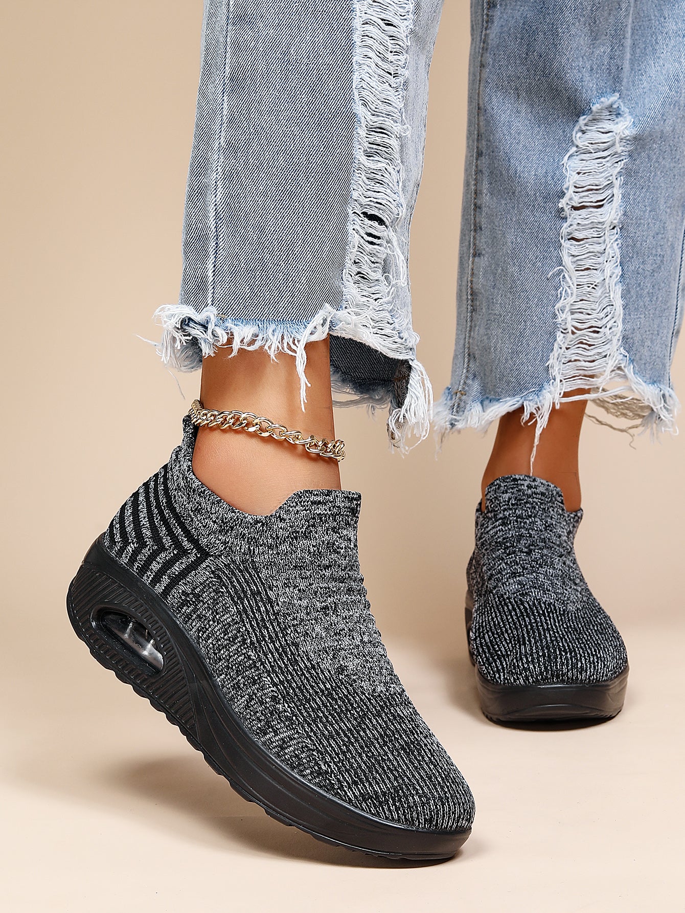 Women's Air Cushion Sneakers, Breathable Round Closed Toe Low Top Slip On Shoes, Women's Casual Knitted Shoes