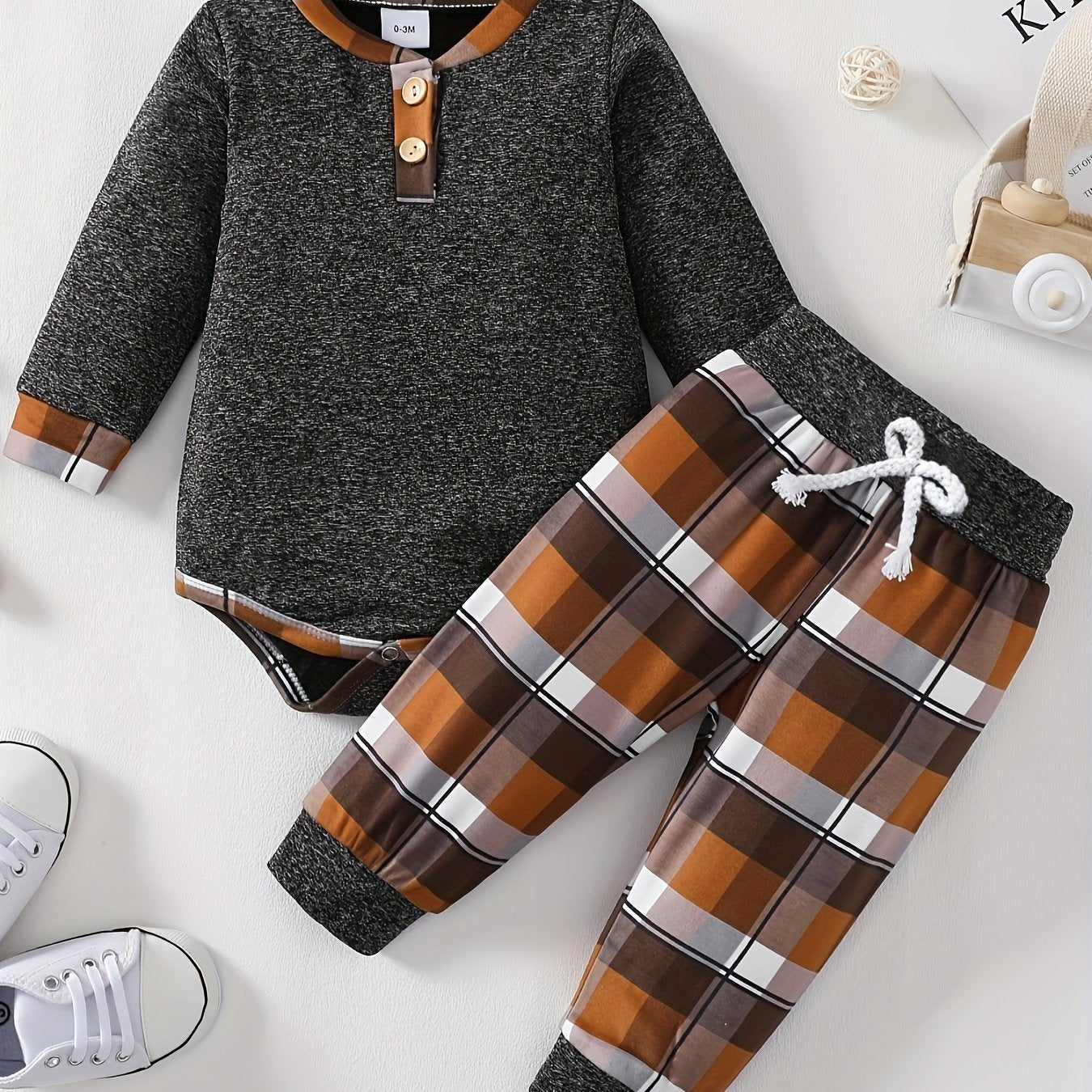 Newborn Infant Romper Long Sleeve Round Neck Bodysuit & Plaid Pants For Baby Boys Kids outdoor clothes