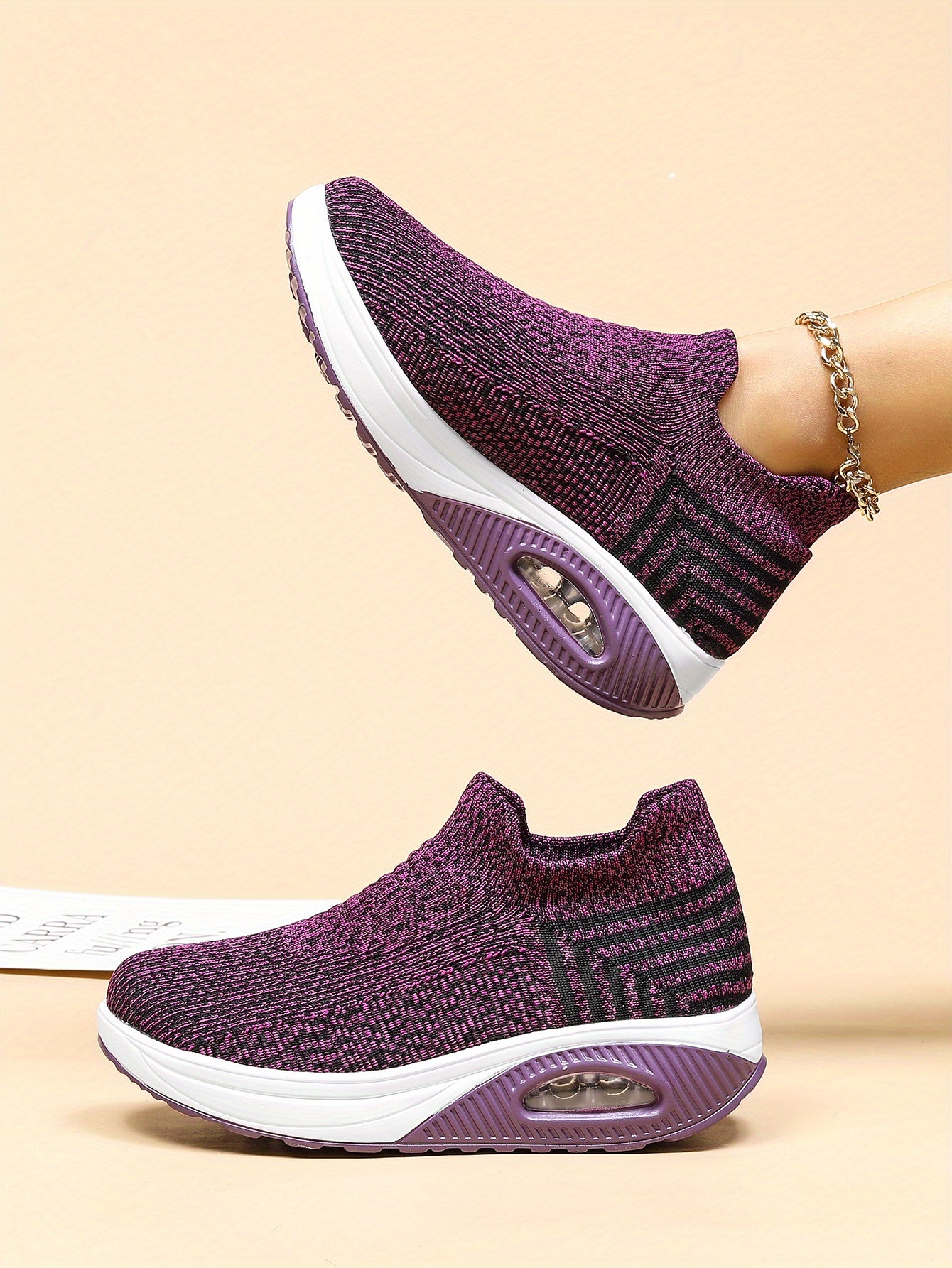 Women's Air Cushion Sneakers, Breathable Round Closed Toe Low Top Slip On Shoes, Women's Casual Knitted Shoes