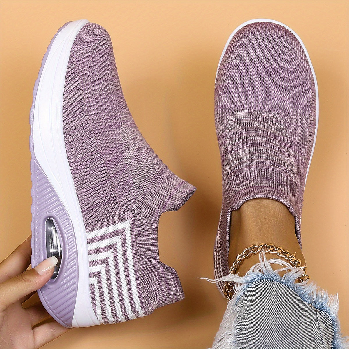 Women's Air Cushion Sneakers, Breathable Round Closed Toe Low Top Slip On Shoes, Women's Casual Knitted Shoes