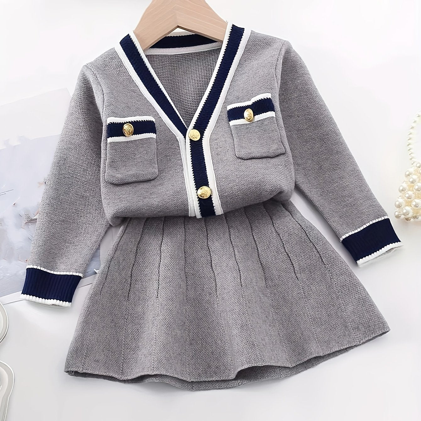 Girl's Preppy Style 2pcs, Cable Knit Cardigan & Skirt Set, Button Decor V-neck Long Sleeve Top, Elegant Casual Outfits, Kids Outdoor Clothes For Spring Autumn