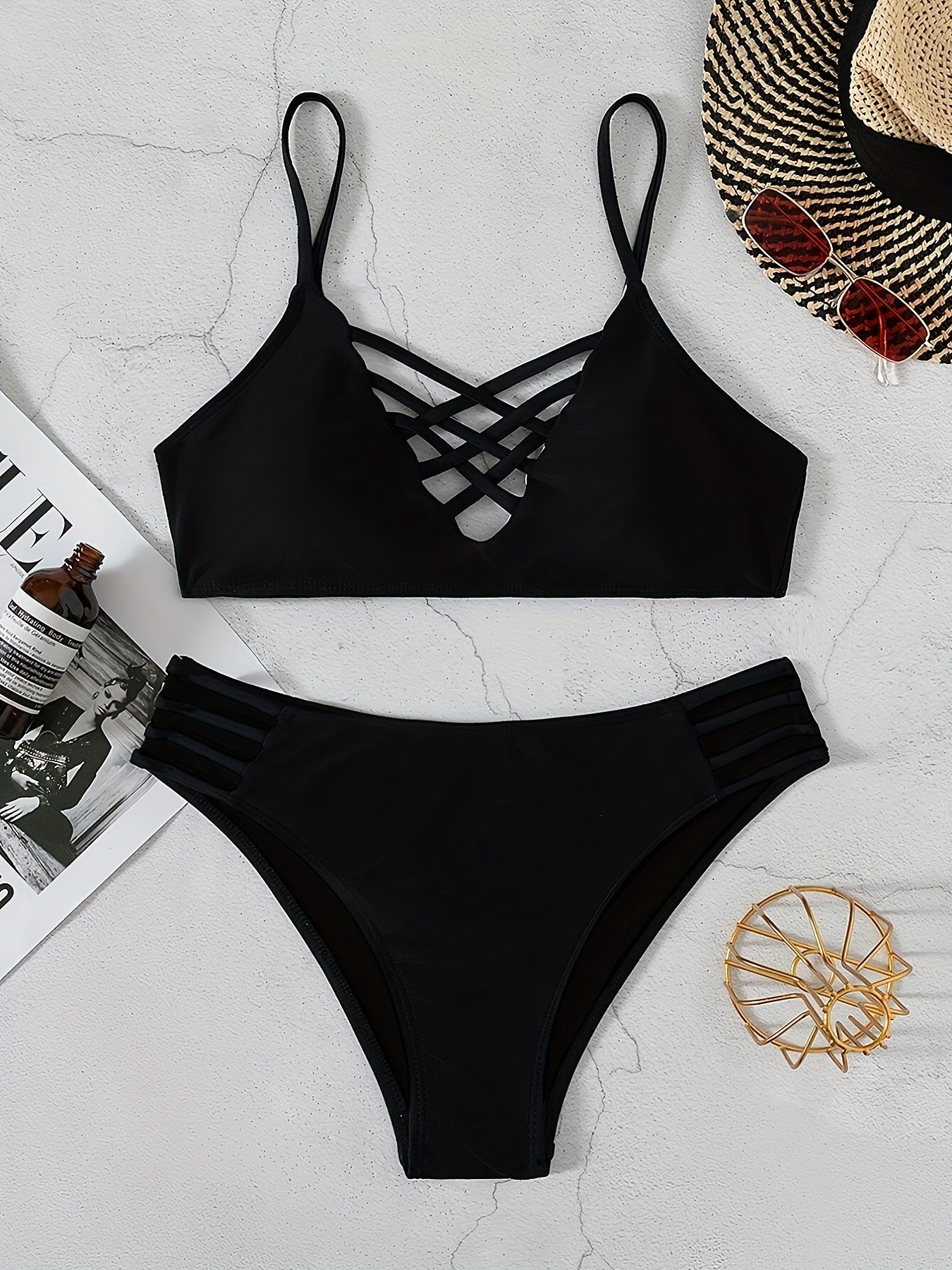 Chic Black Hollow Out Bikini Set - Flattering Criss Cross Front, Adjustable Spaghetti Straps, High Waist Buckled Design - 2 Pieces Womens Swimwear for Beach & Pool