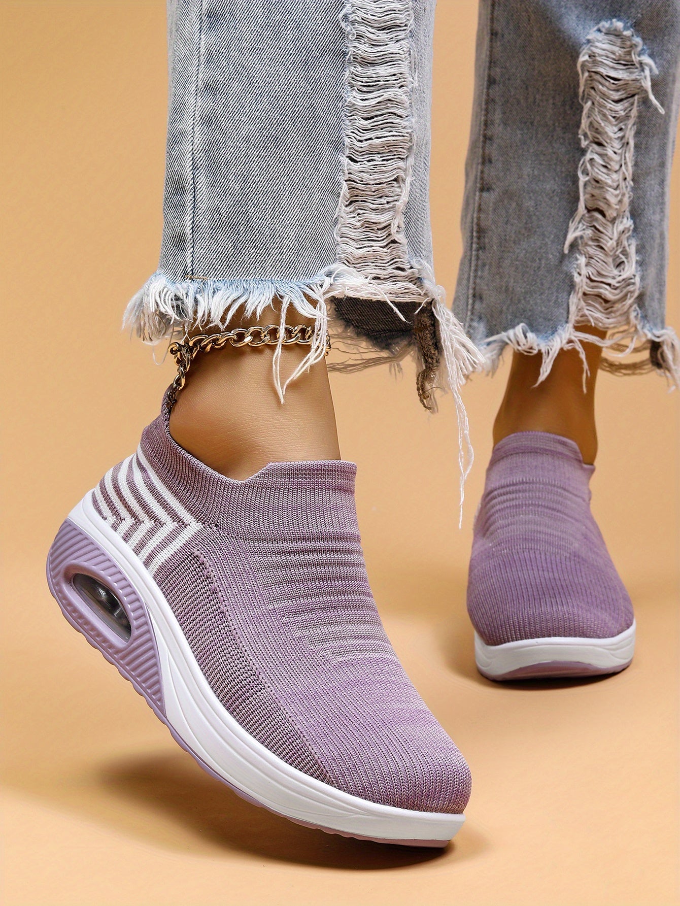 Women's Air Cushion Sneakers, Breathable Round Closed Toe Low Top Slip On Shoes, Women's Casual Knitted Shoes