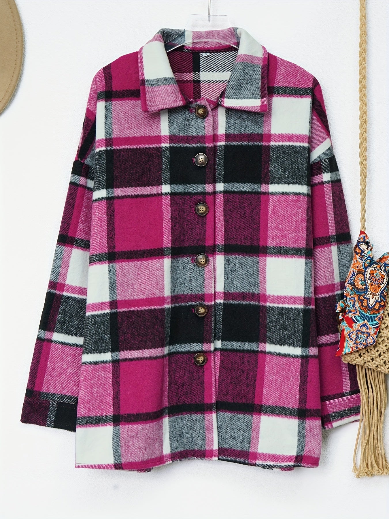 Drop Shoulder Plaid Shirt Jacket, Loose Long Sleeve Casual Plaid Shacket For Spring & Fall, Women's Clothing