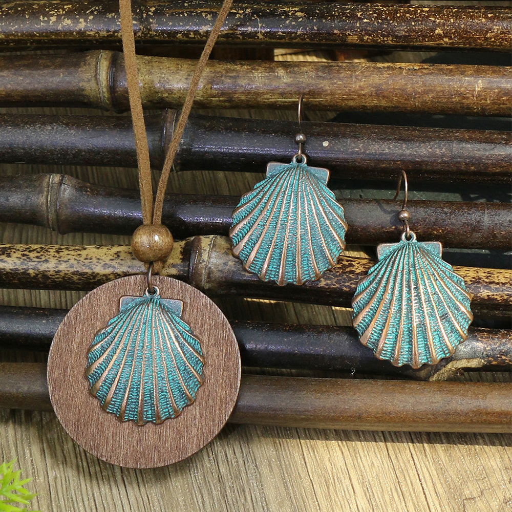 3pack Ancient Folk Wooden Round Plus Geometric Ancient Copper Layered Charm Earrings Necklace Set