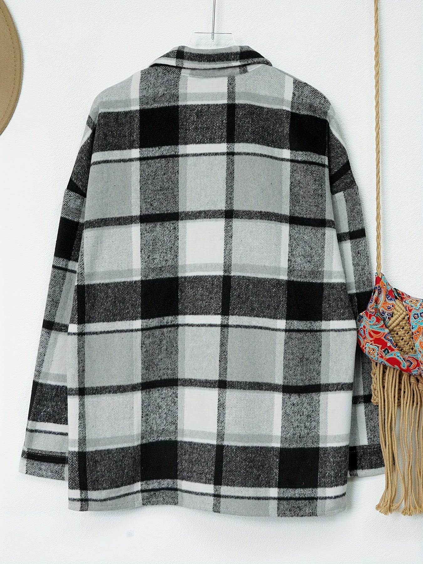 Drop Shoulder Plaid Shirt Jacket, Loose Long Sleeve Casual Plaid Shacket For Spring & Fall, Women's Clothing