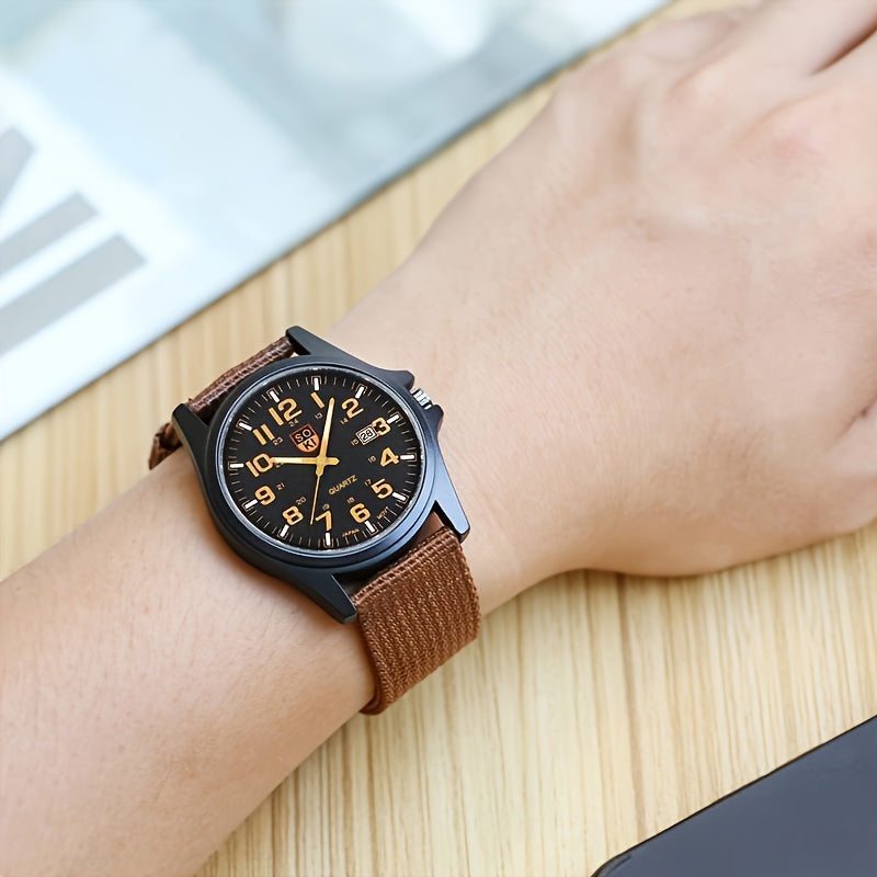 1pc Casual Nylon Strap Number Date Quartz Wristwatch Fashion Watches For Man, Simple Sport Style Male Clock, Ideal choice for Gifts