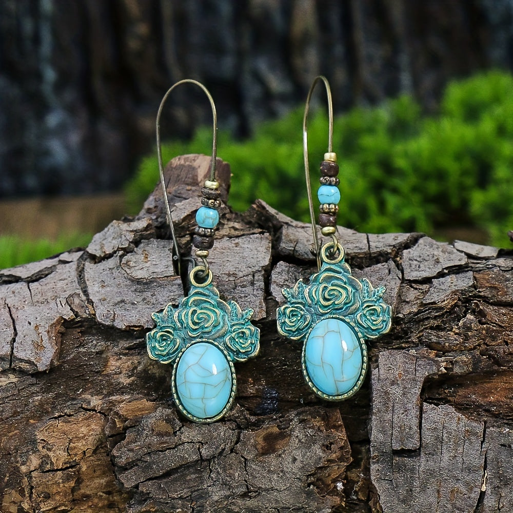 Retro Style Antique Bronze Smeared Blue Leaf Hollow Pendant Large Ear Hook Women's Earrings