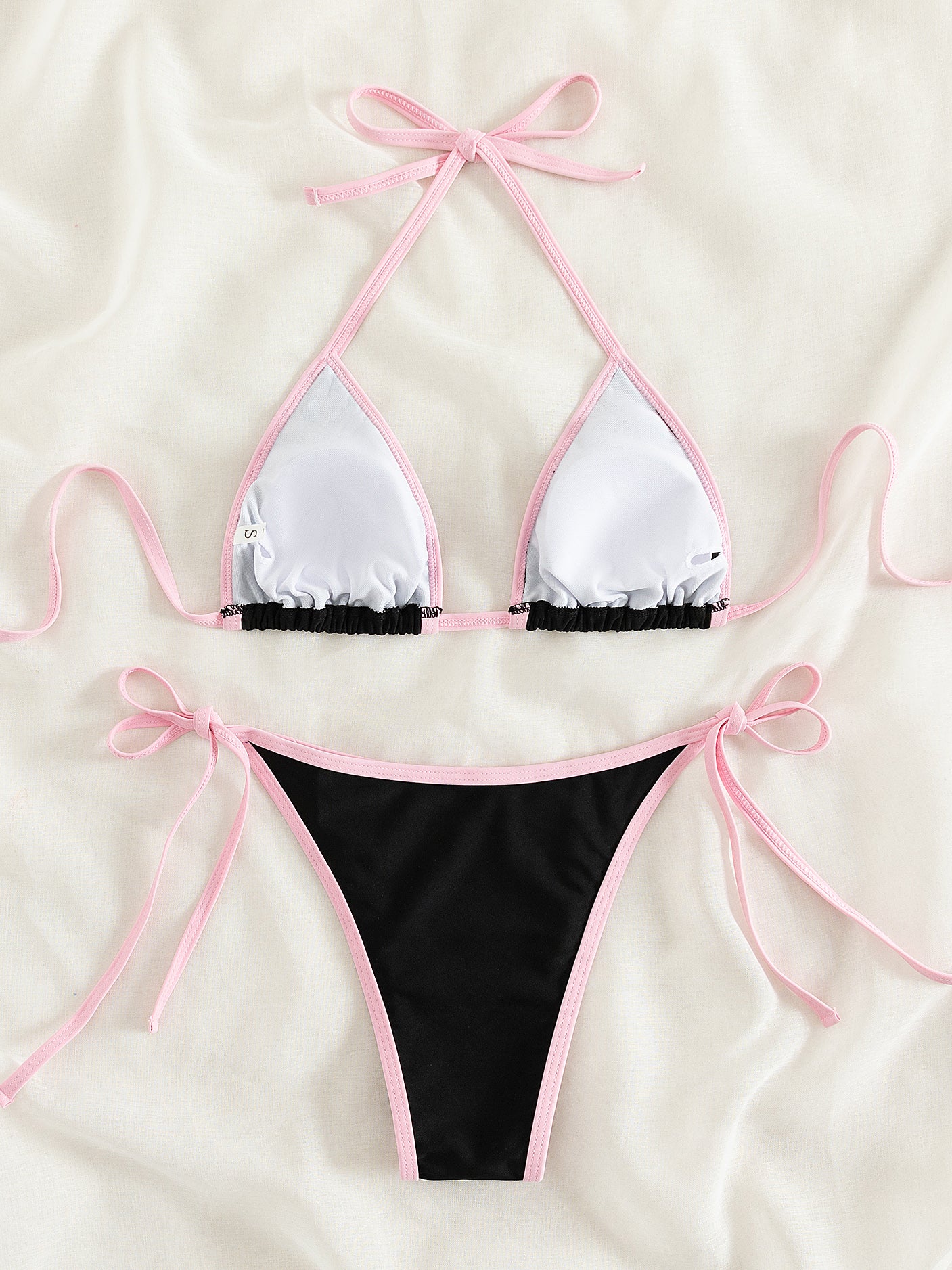 Contrast Trim Tie Side 2 Piece Bikini Swimsuit, Triangle Halter Tie Back Neck Stretchy Beachwear, Cute & Sexy, Women's Swimwear & Clothing