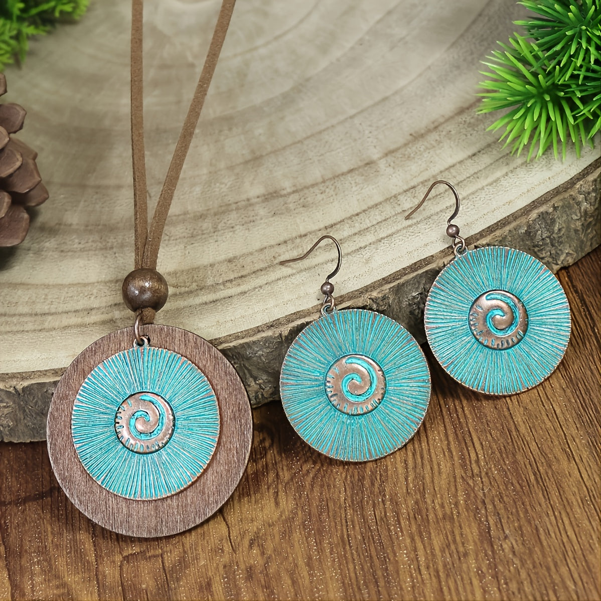 3 Pieces Vintage Wood Round Bronze Alloy Double Layer Pendant Geometric Totem Leather Beaded Rope Chain Earrings Necklace Set