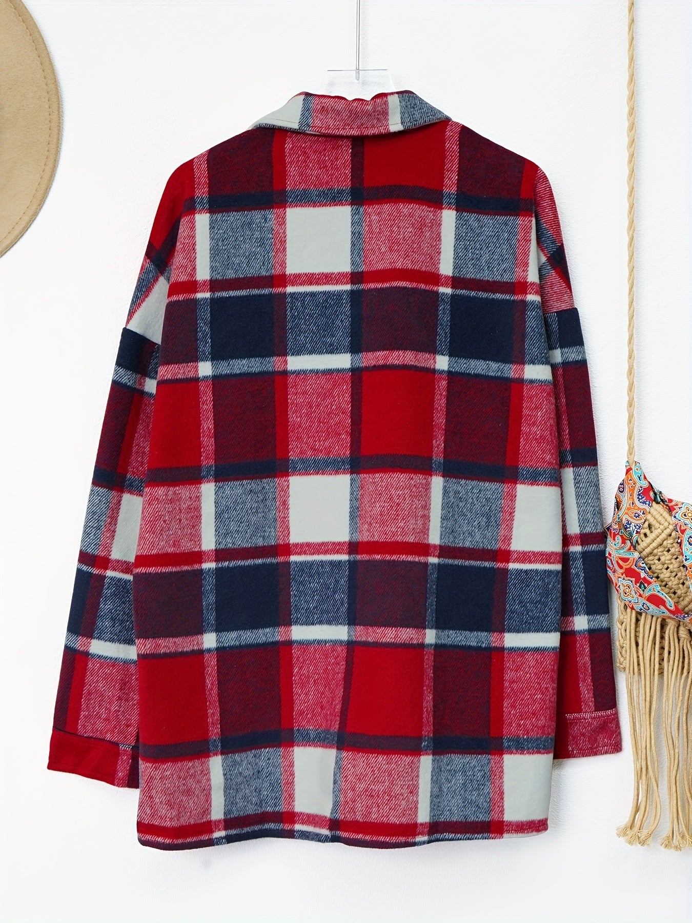 Drop Shoulder Plaid Shirt Jacket, Loose Long Sleeve Casual Plaid Shacket For Spring & Fall, Women's Clothing