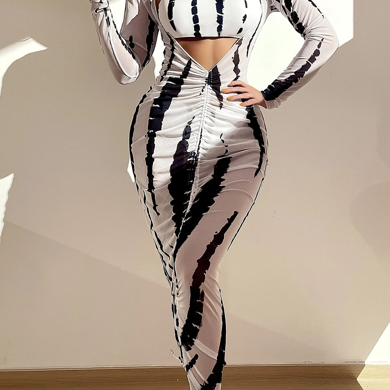 3-piece Tie Dye Bandeau Bikini Sets, Strapless Tube Top With Long Sleeve Open Up Top Long Cover Up Dress, Women's Swimwear & Clothing