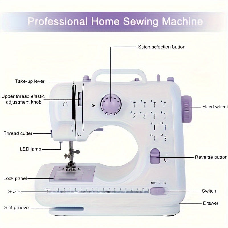 Portable Electric Sewing Machine Professional Version, With 12 Thread Patterns, Adjustable Speed, Overlock, Sewing Machine Parents, Beginners, Enthusiasts, Lightweight, Easy To Use, Very Suitable For Repair DIY, Handmade