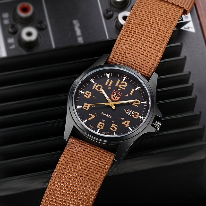 1pc Casual Nylon Strap Number Date Quartz Wristwatch Fashion Watches For Man, Simple Sport Style Male Clock, Ideal choice for Gifts