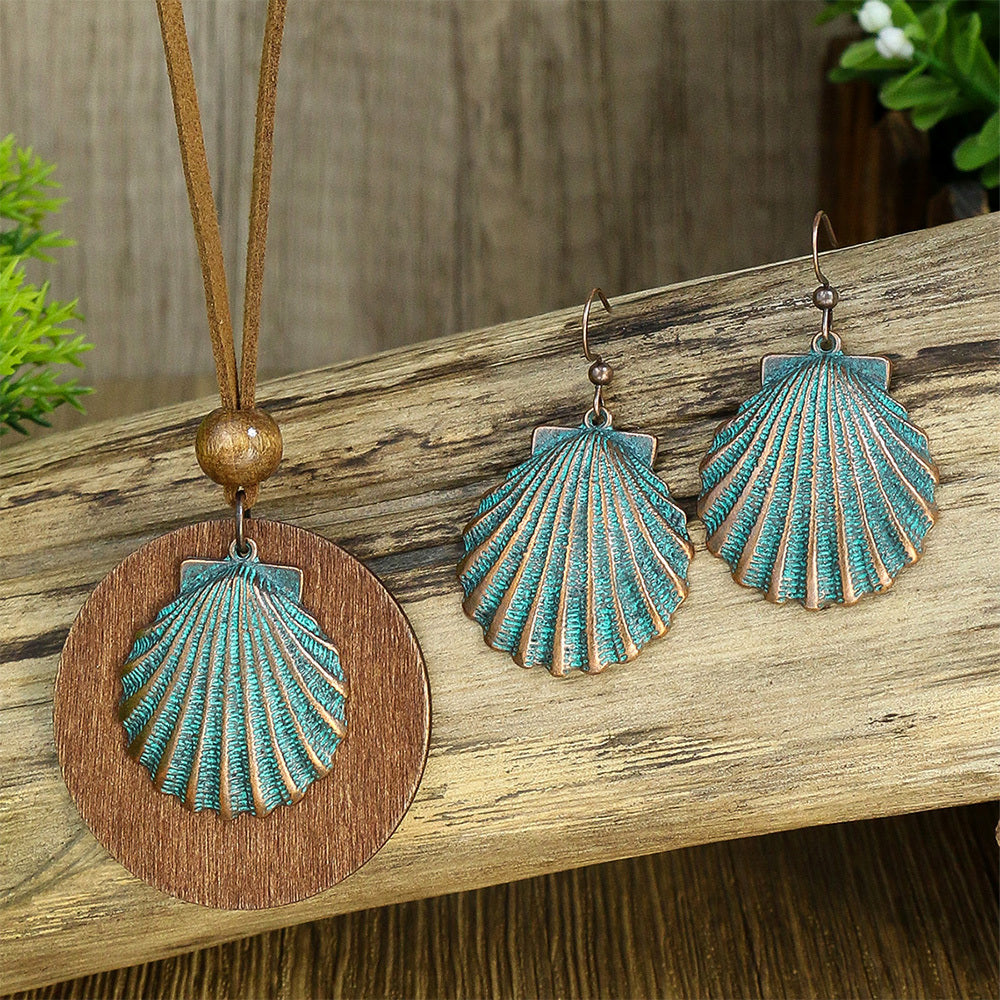 3pack Ancient Folk Wooden Round Plus Geometric Ancient Copper Layered Charm Earrings Necklace Set