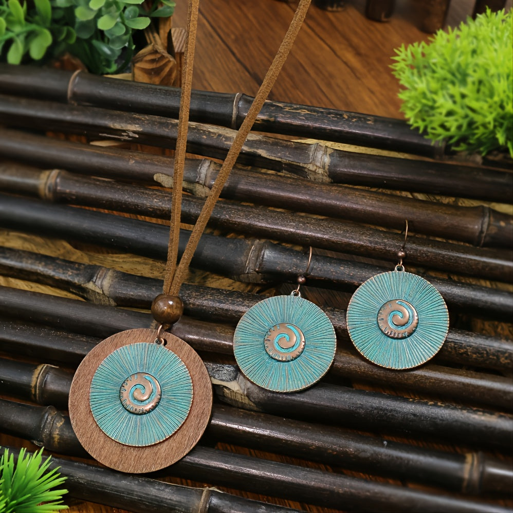 3 Pieces Vintage Wood Round Bronze Alloy Double Layer Pendant Geometric Totem Leather Beaded Rope Chain Earrings Necklace Set