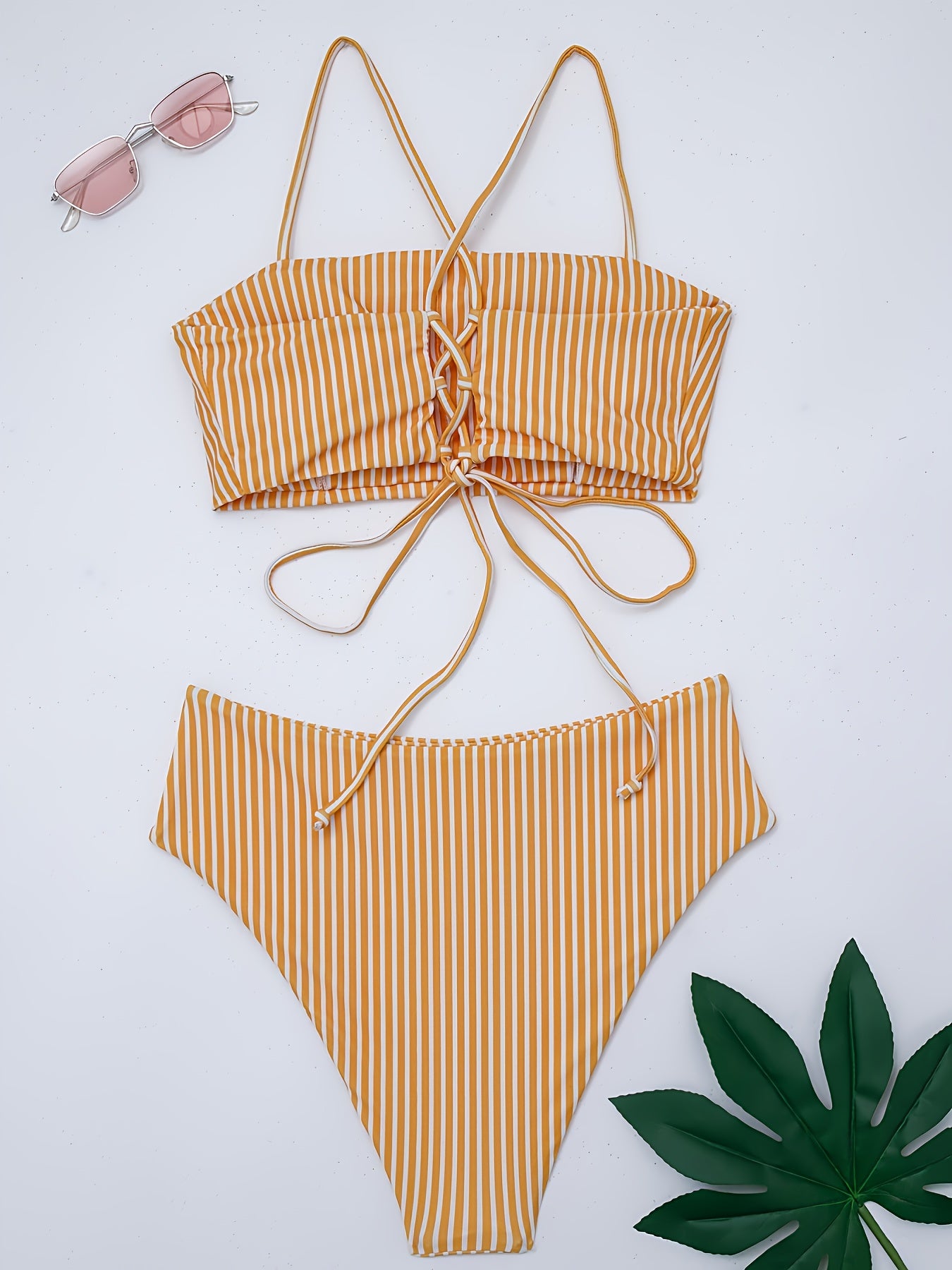 Two Piece High Cut Yellow & White Striped High Waist Bikini Swimsuit - Off the Shoulder, Cross Strap, High Stretch, Random Print - Polyester and Spandex Blend, Sleeveless, Conventional Bottom, Perfect for Swimming