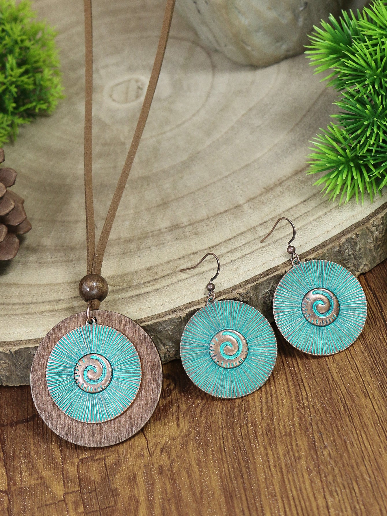3 Pieces Vintage Wood Round Bronze Alloy Double Layer Pendant Geometric Totem Leather Beaded Rope Chain Earrings Necklace Set
