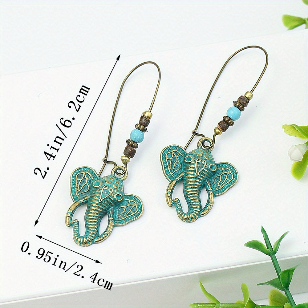 Retro Style Antique Bronze Smeared Blue Leaf Hollow Pendant Large Ear Hook Women's Earrings