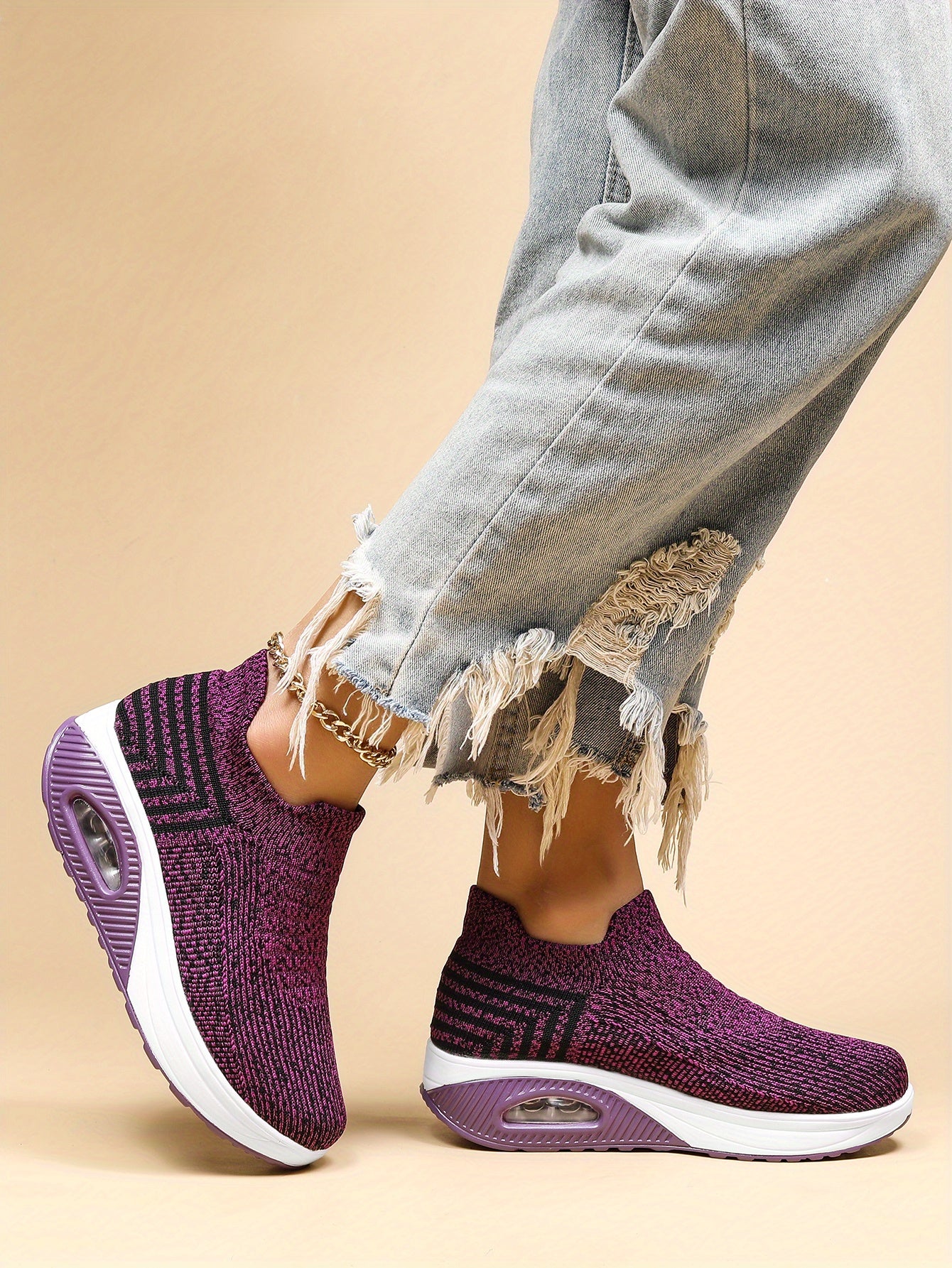 Women's Air Cushion Sneakers, Breathable Round Closed Toe Low Top Slip On Shoes, Women's Casual Knitted Shoes