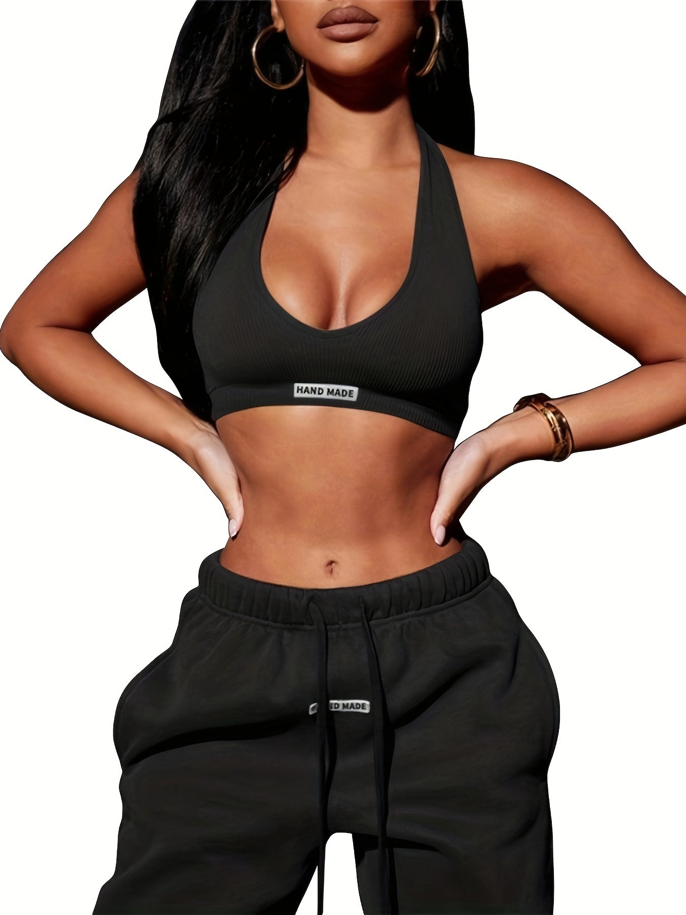 2pcs Halter Neck Crop Top & Drawstring Sweatpants Set, Women's Fashion Two Pieces Sports Set