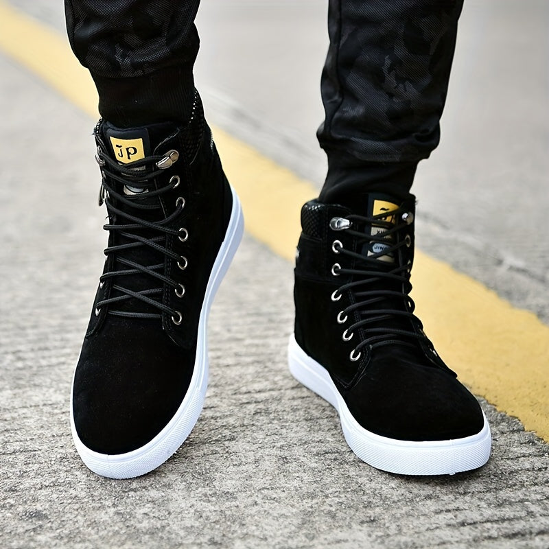 Mens British Style Canvas High-top Sneakers - Lace-up Closure, Casual All-Match, Trendy Design with Decorative Zippers
