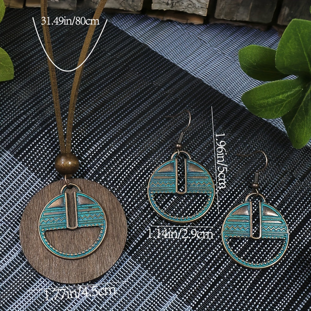 3pack Ancient Folk Wooden Round Plus Geometric Ancient Copper Layered Charm Earrings Necklace Set