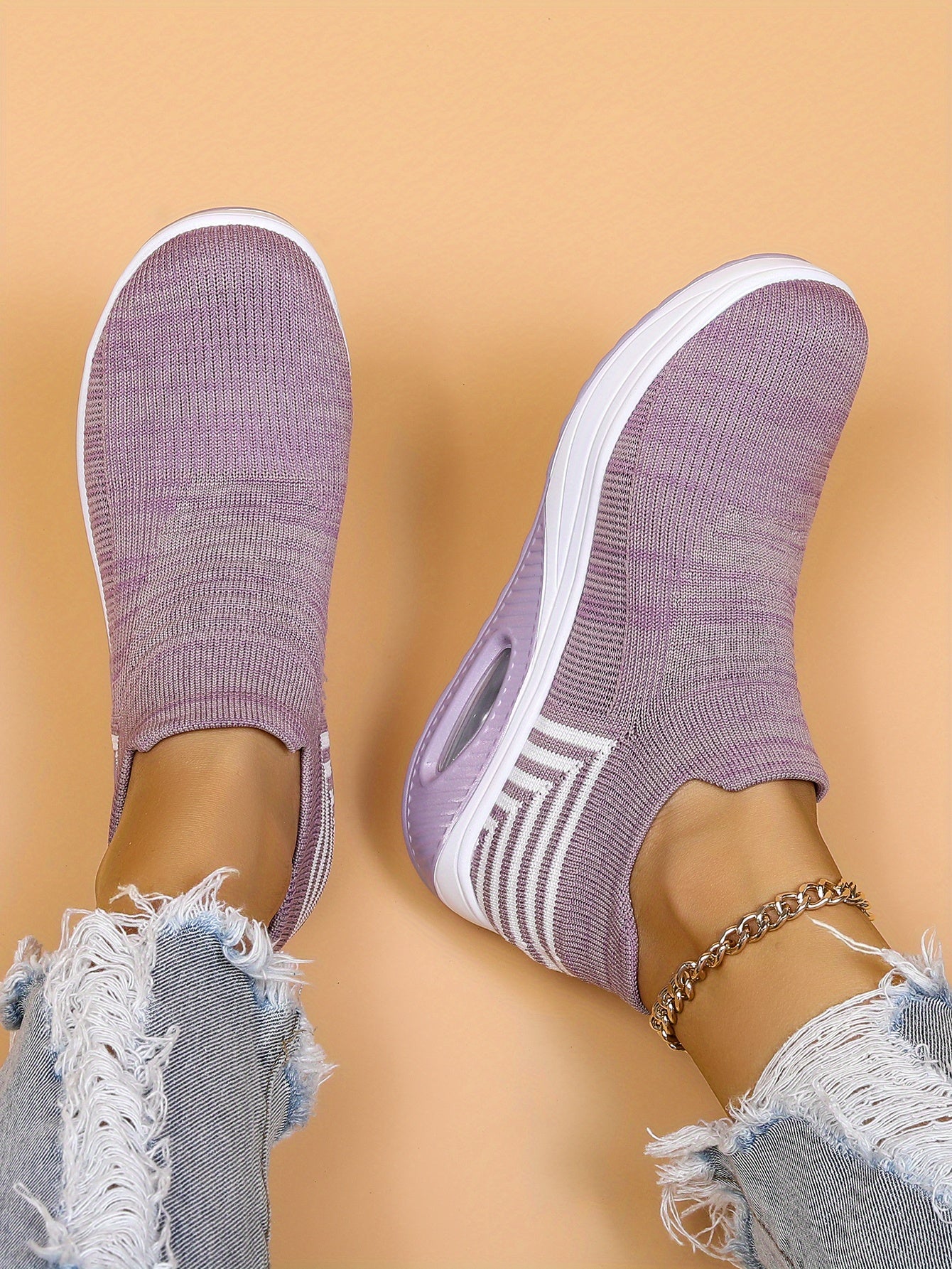 Women's Air Cushion Sneakers, Breathable Round Closed Toe Low Top Slip On Shoes, Women's Casual Knitted Shoes