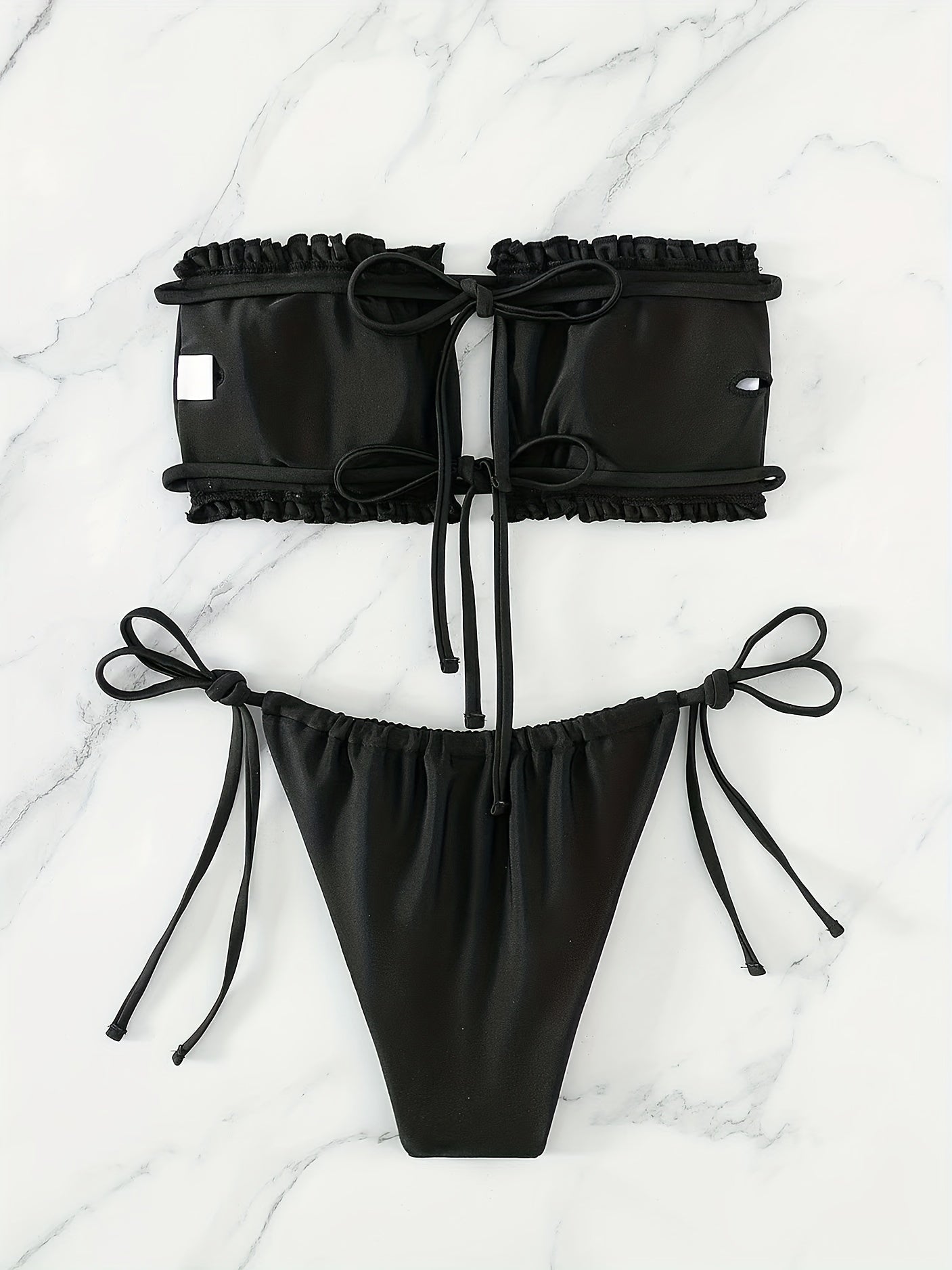 Chic Adjustable Ruched Bra Top Bikini Set - Secure Double Drawstring Bandeau with Trendy Tie Side - Ultra-Flattering High Cut Two-Piece Swimsuit for Women