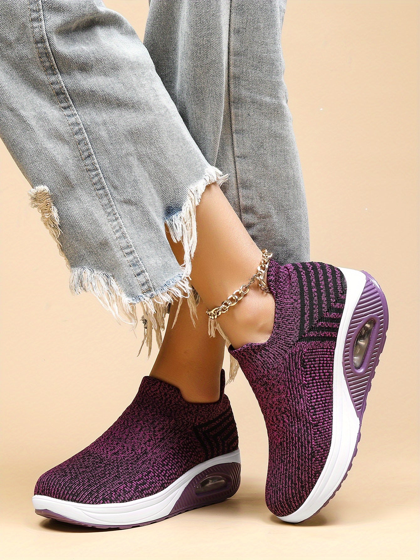 Women's Air Cushion Sneakers, Breathable Round Closed Toe Low Top Slip On Shoes, Women's Casual Knitted Shoes