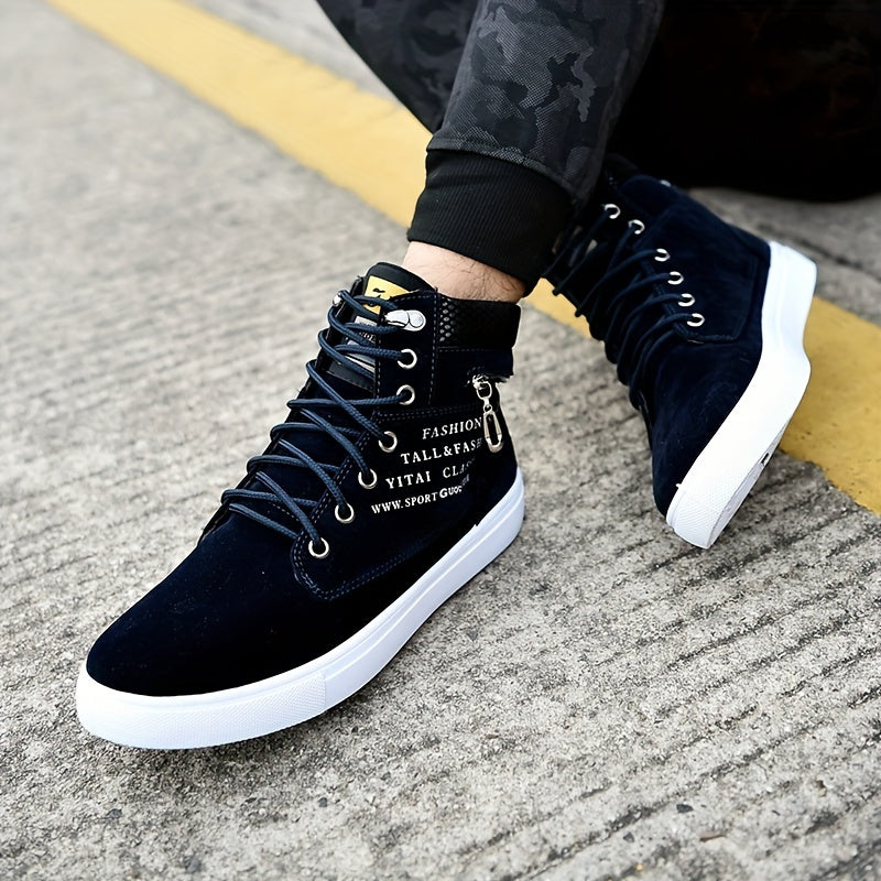 Mens British Style Canvas High-top Sneakers - Lace-up Closure, Casual All-Match, Trendy Design with Decorative Zippers