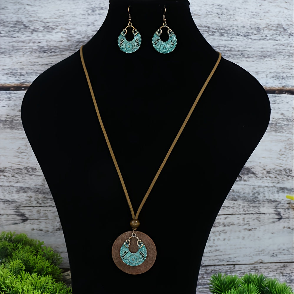 3pack Ancient Folk Wooden Round Plus Geometric Ancient Copper Layered Charm Earrings Necklace Set