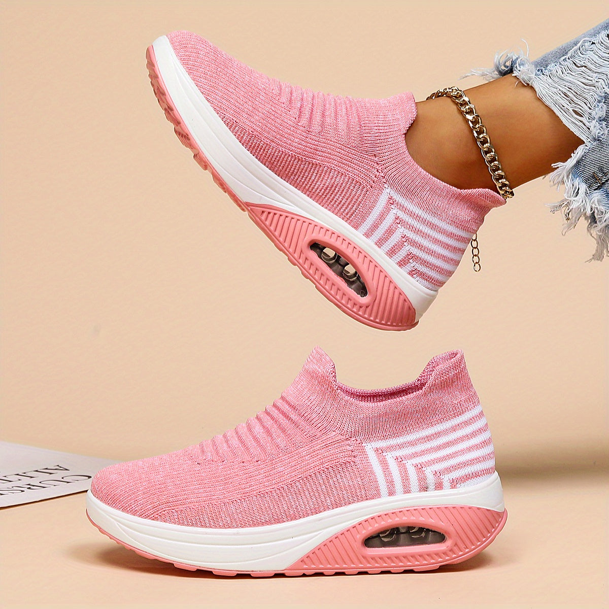 Women's Air Cushion Sneakers, Breathable Round Closed Toe Low Top Slip On Shoes, Women's Casual Knitted Shoes