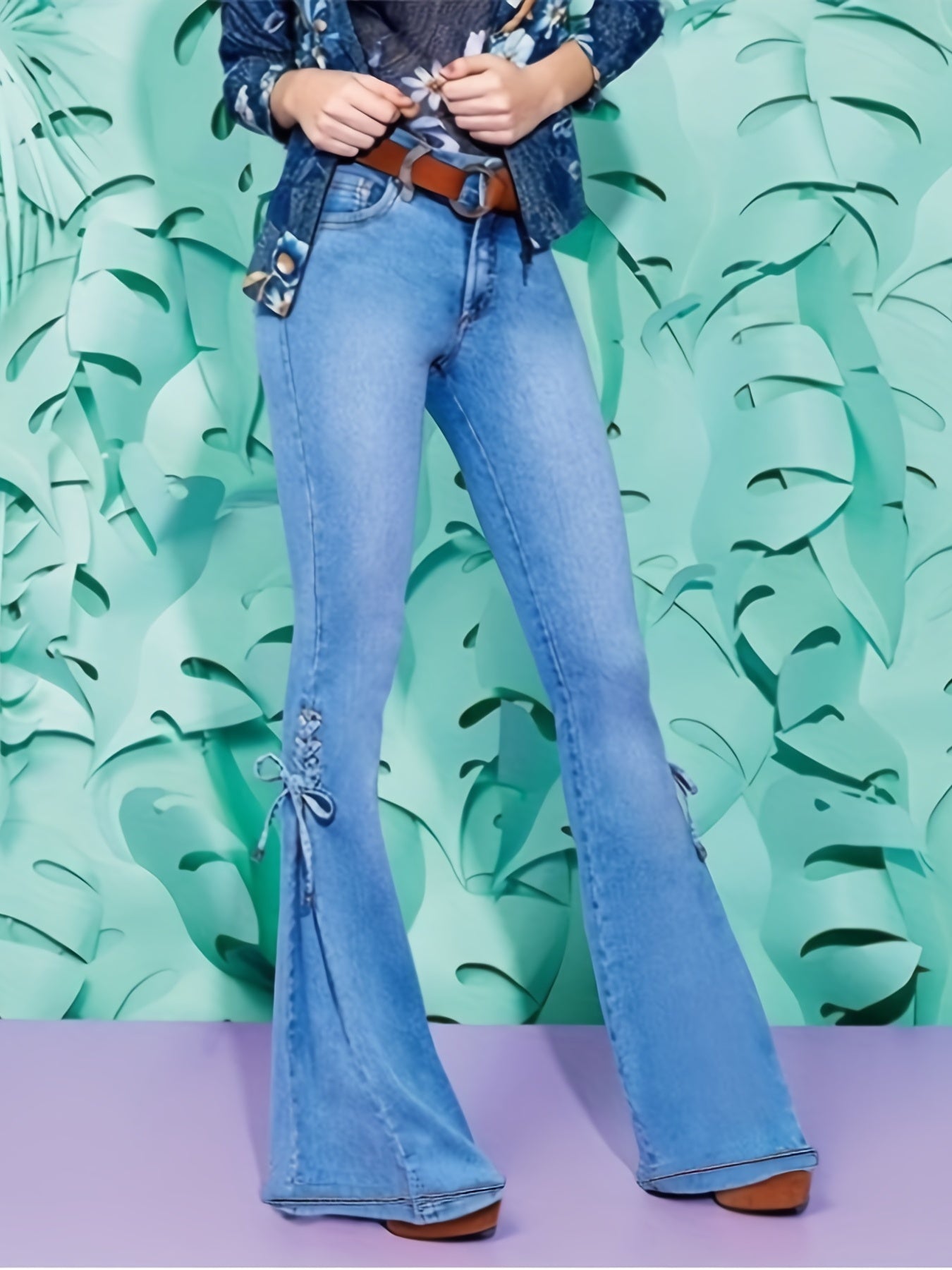 Lace Up Side Bell-Bottom Jeans, Stretchy Mid-Rise Boot Cut Flared Leg Jeans, Women's Denim Jeans, Women's Clothing
