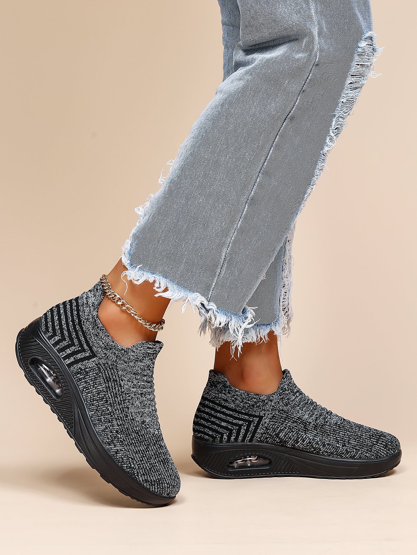 Women's Air Cushion Sneakers, Breathable Round Closed Toe Low Top Slip On Shoes, Women's Casual Knitted Shoes