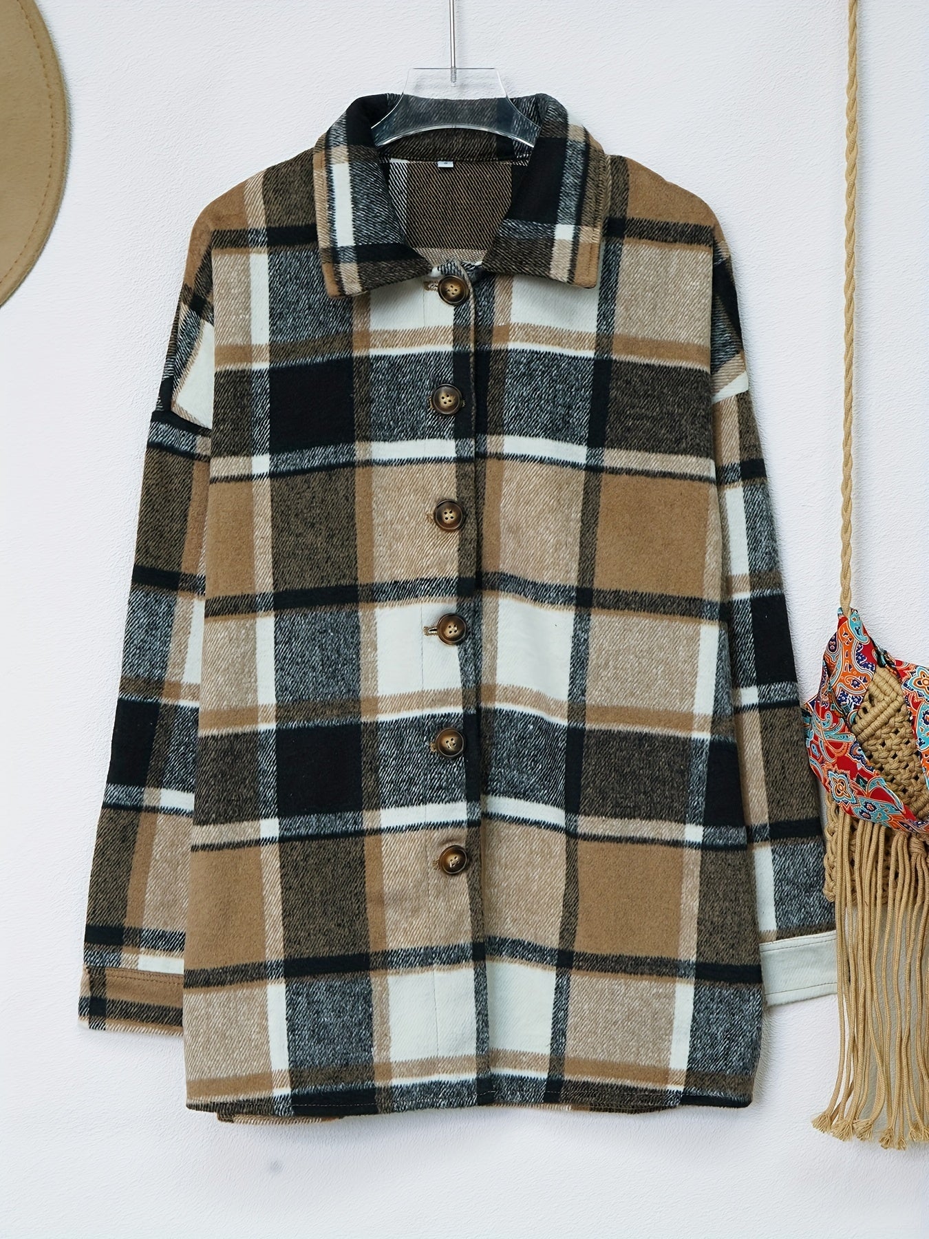Drop Shoulder Plaid Shirt Jacket, Loose Long Sleeve Casual Plaid Shacket For Spring & Fall, Women's Clothing