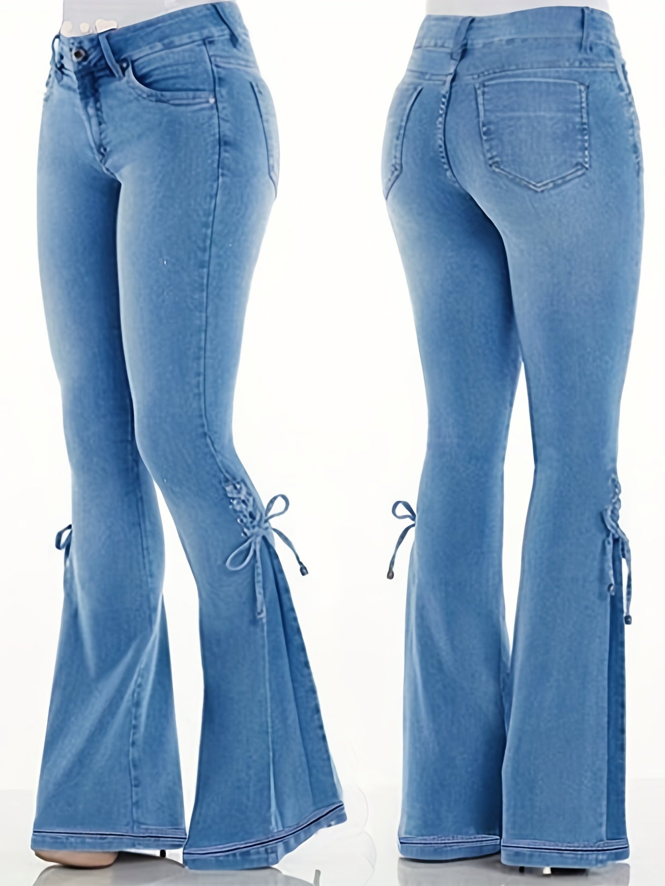 Lace Up Side Bell-Bottom Jeans, Stretchy Mid-Rise Boot Cut Flared Leg Jeans, Women's Denim Jeans, Women's Clothing