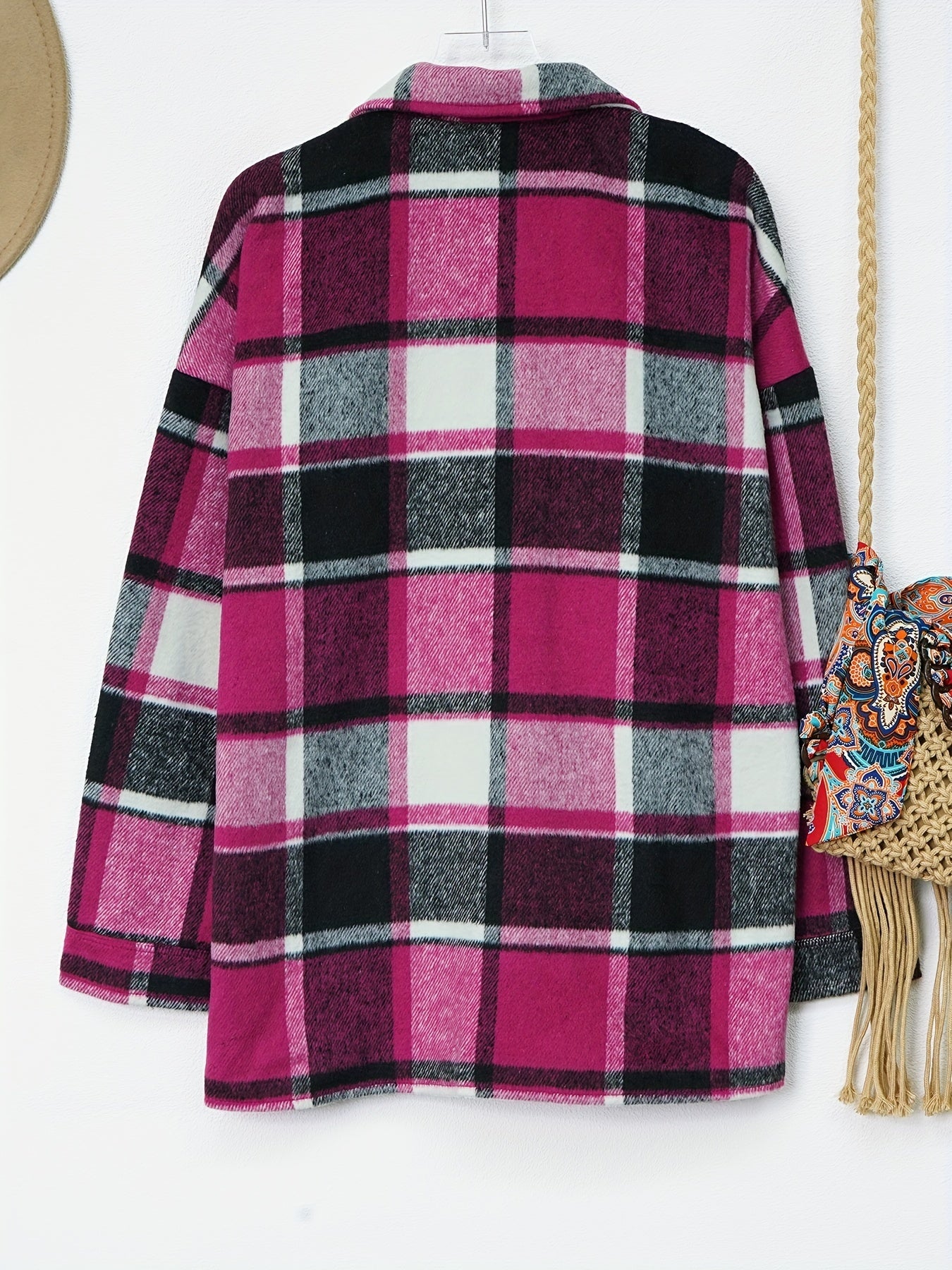 Drop Shoulder Plaid Shirt Jacket, Loose Long Sleeve Casual Plaid Shacket For Spring & Fall, Women's Clothing
