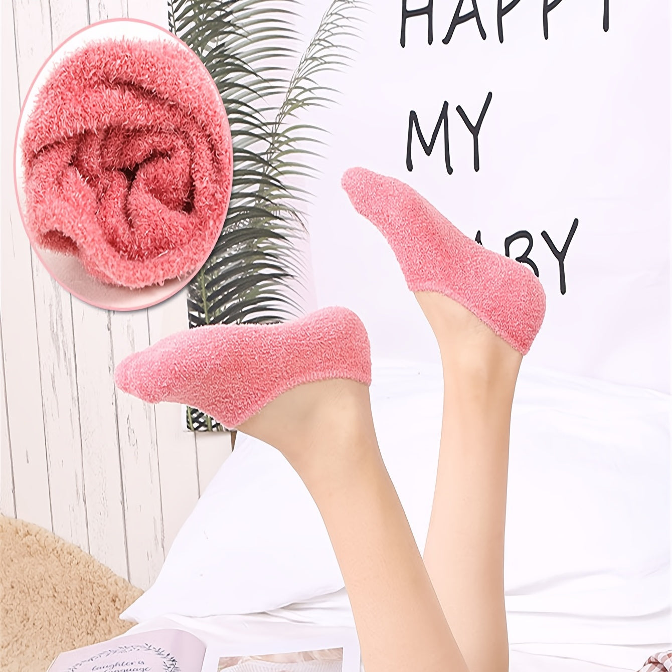7 Pairs Warm & Fuzzy Non-Slip Socks, Colorful Pastel Invisible Plush Socks, Women's Stockings & Hosiery