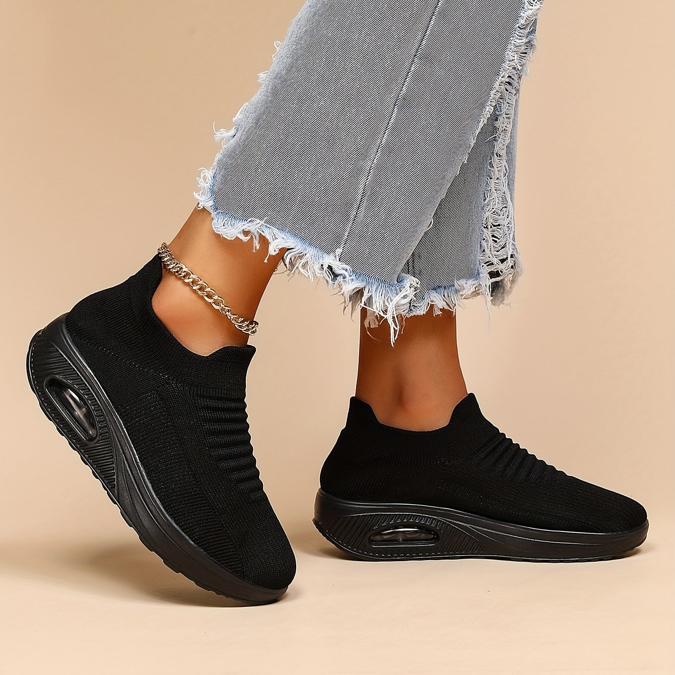 Women's Air Cushion Sneakers, Breathable Round Closed Toe Low Top Slip On Shoes, Women's Casual Knitted Shoes