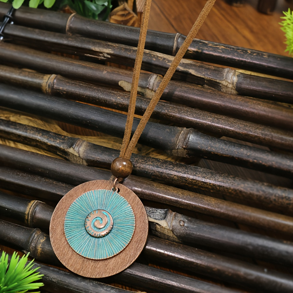 3 Pieces Vintage Wood Round Bronze Alloy Double Layer Pendant Geometric Totem Leather Beaded Rope Chain Earrings Necklace Set