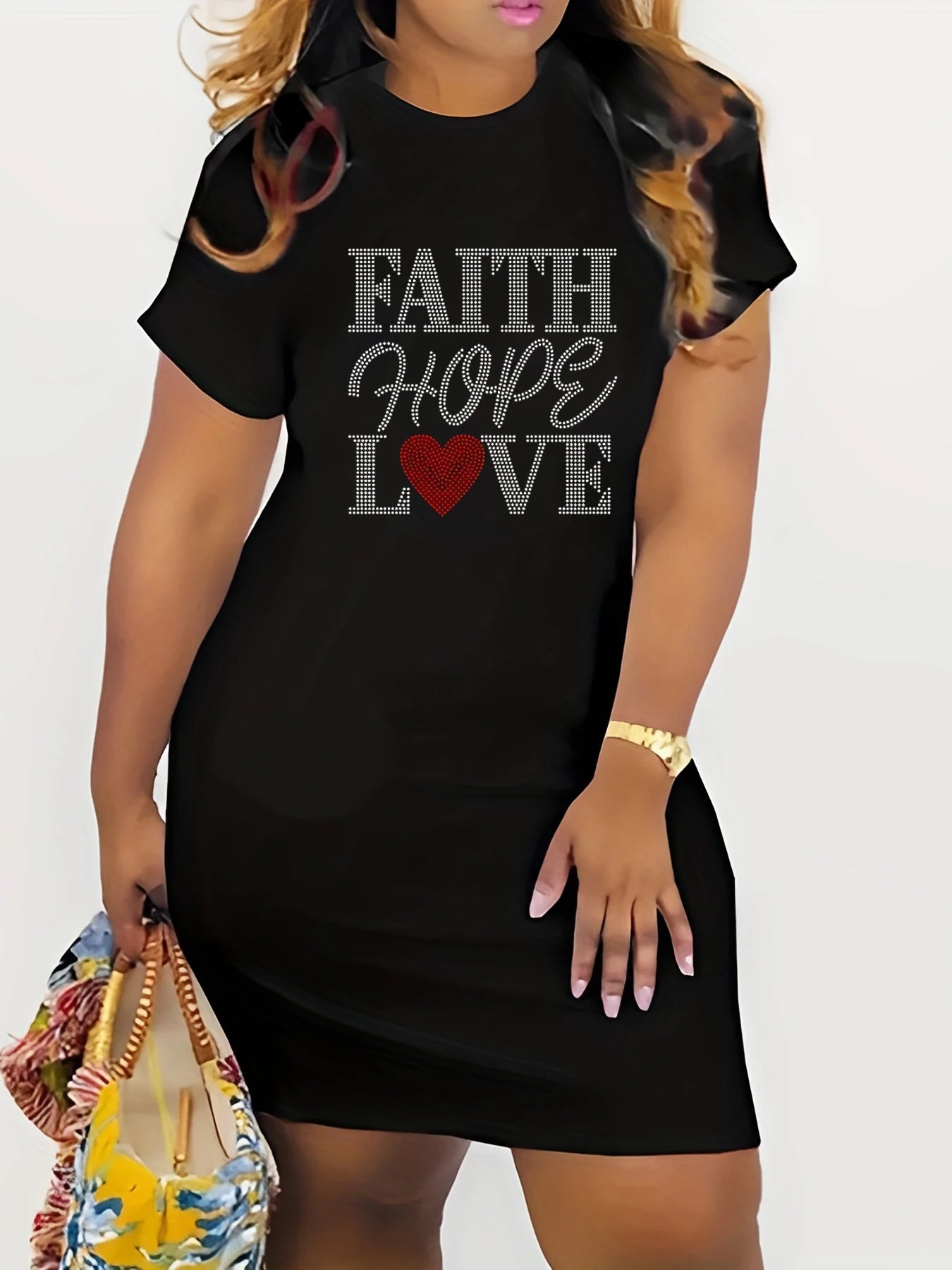 Plus Size Women's Faith Letter T-Shirt Dress, Short Sleeve Casual Top For Summer & Spring, Women's Round Neck Sleep Dress Clothi