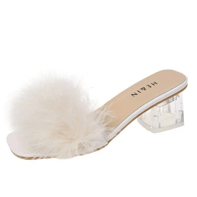 Mules Sandal Women Summer Outdoor Fashion Slippers Square Toe High Heels Office Ladies Feather Slides Chic Classics Furry Shoes