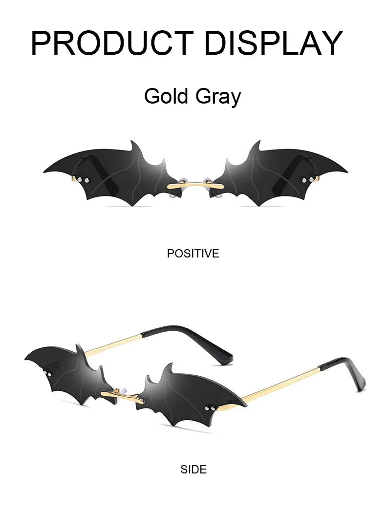 Fashion Rimless Men Sunglasses Women Trendy Bat Shaped Sun Glasses Female Male Vintage Black Mirror Shades Metal Oculos De Sol